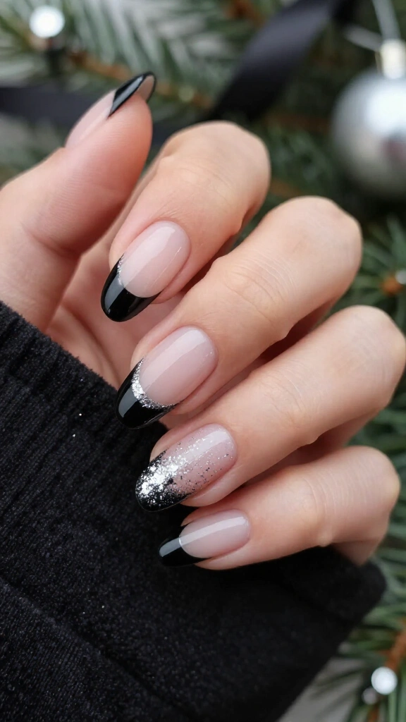Black French tips with silver glitter