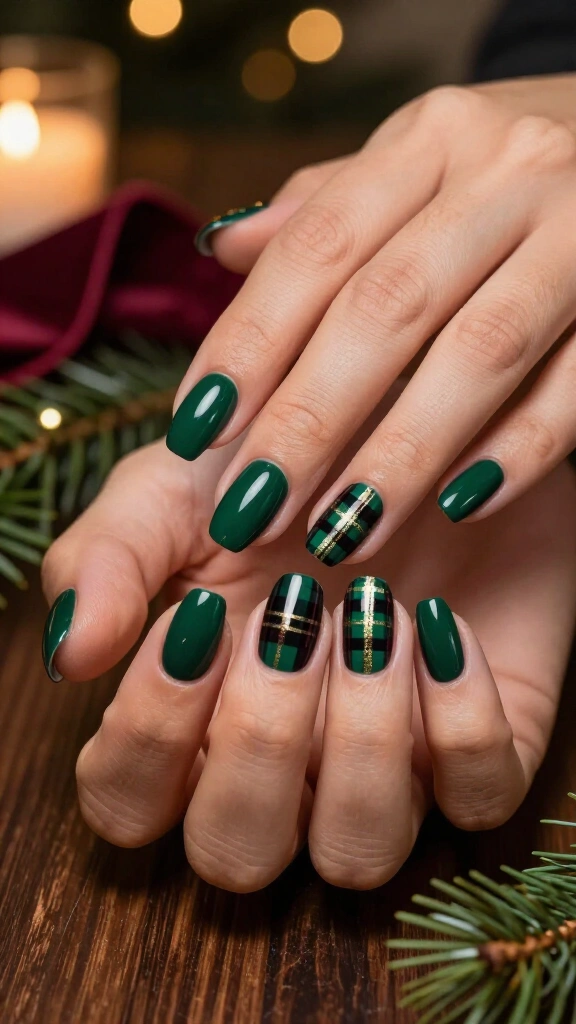 Dark green plaid Christmas nails
