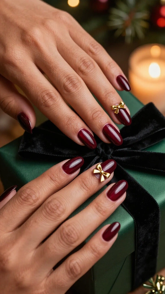 Oxblood nails with tiny gold bows