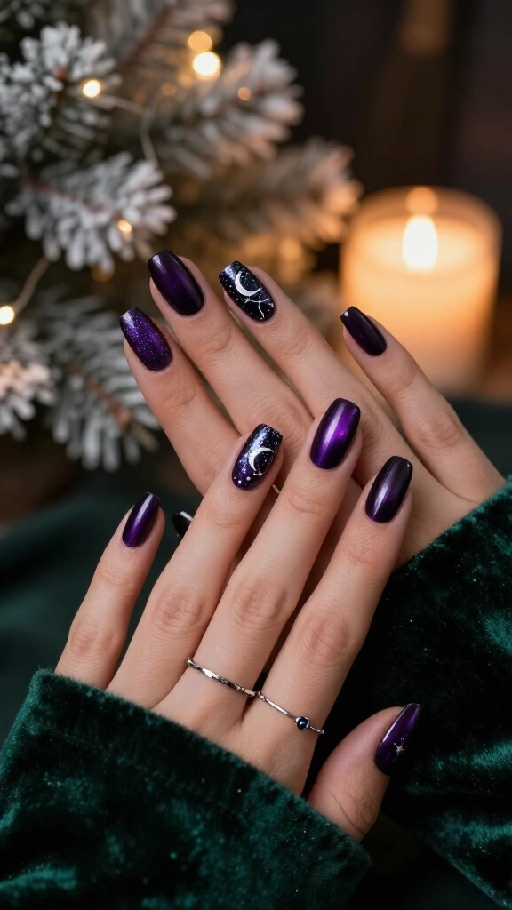 Dark purple celestial Christmas nails