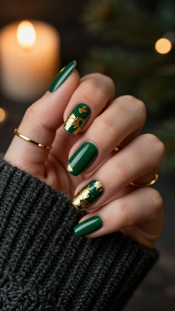 Forest green nails with gold foil
