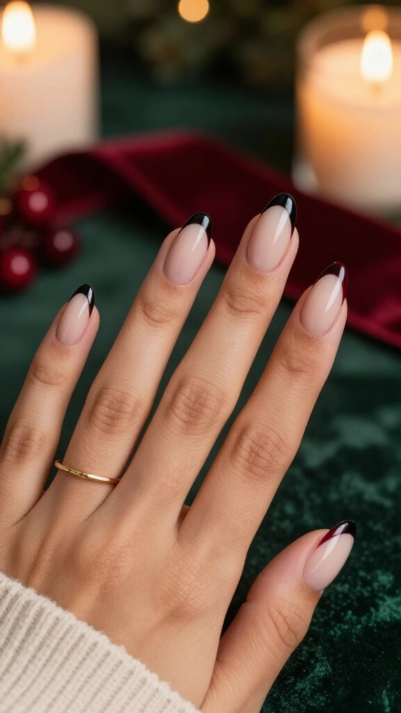 Black cherry French tip nails