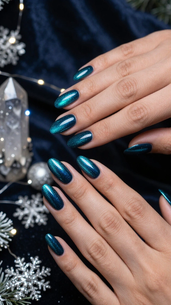 Dark teal cat-eye nails