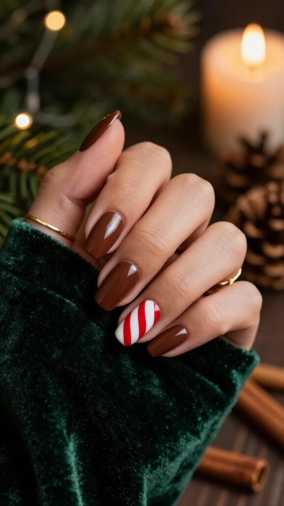 Espresso brown nails with candy cane lines