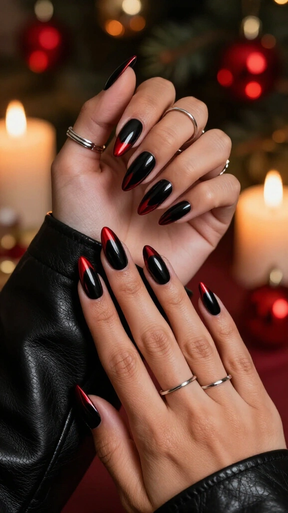 Black nails with red chrome tips