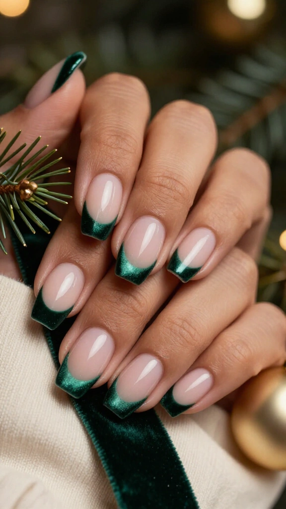 Dark green velvet French nails