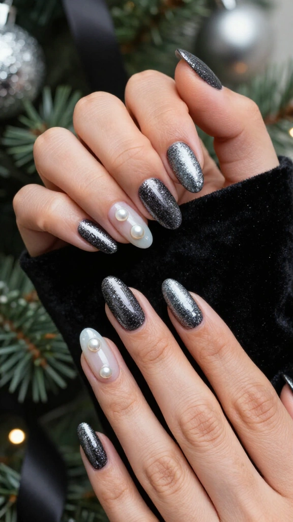 Gunmetal glitter nails with tiny pearls