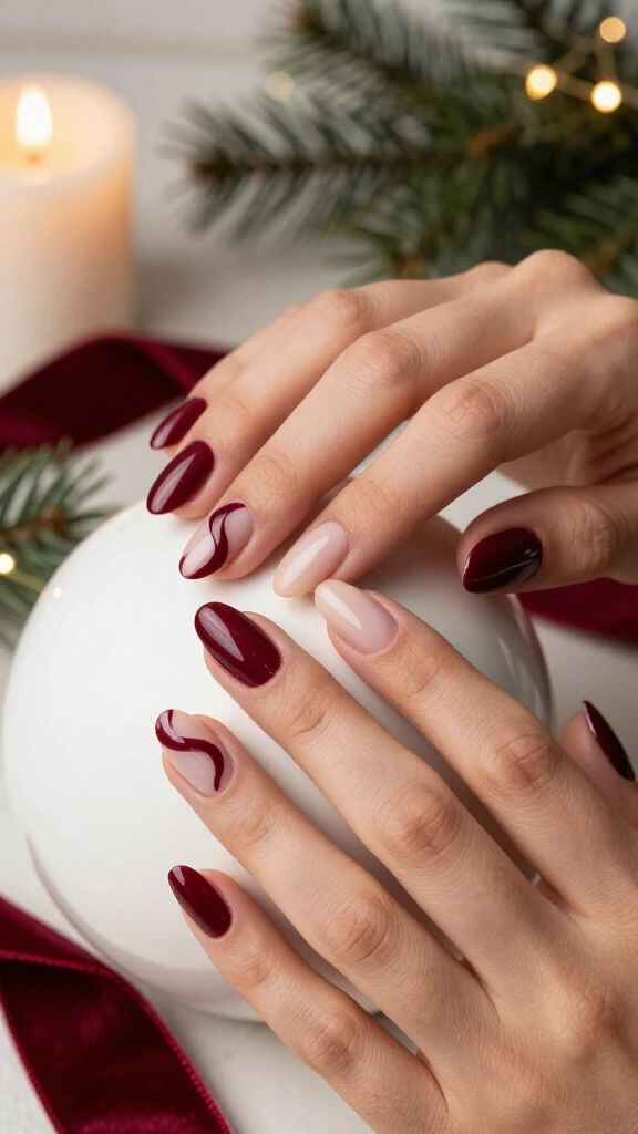 Burgundy Swirl Accent Nails