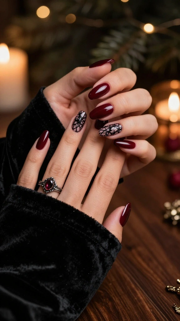 Burgundy nails with black lace details
