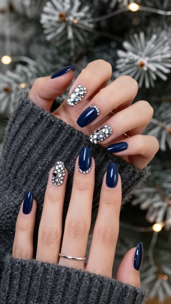 Deep navy nails with crystal snowfall