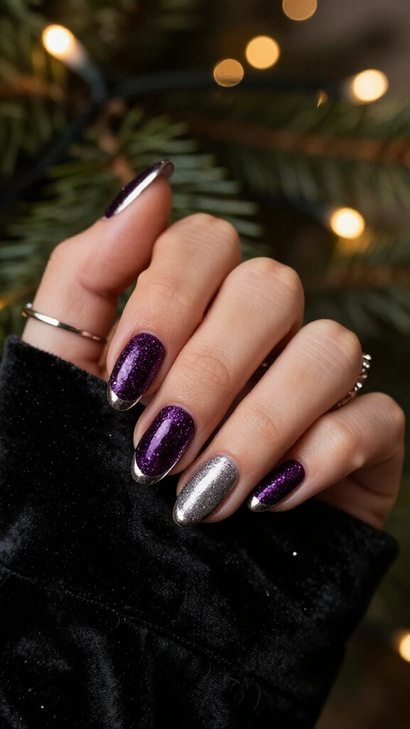 Plum glitter nails with chrome accents