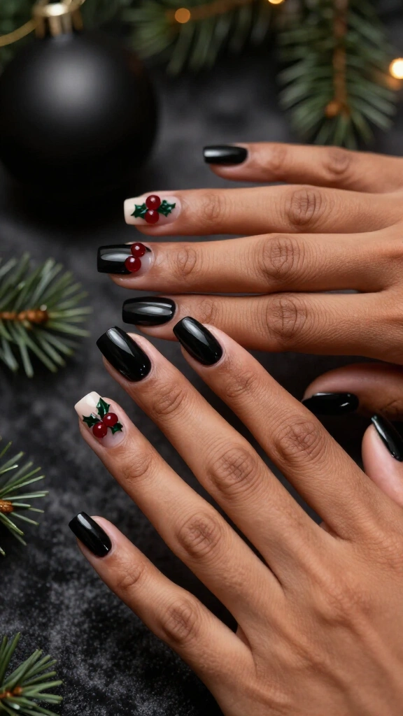 Black nails with minimal red holly details