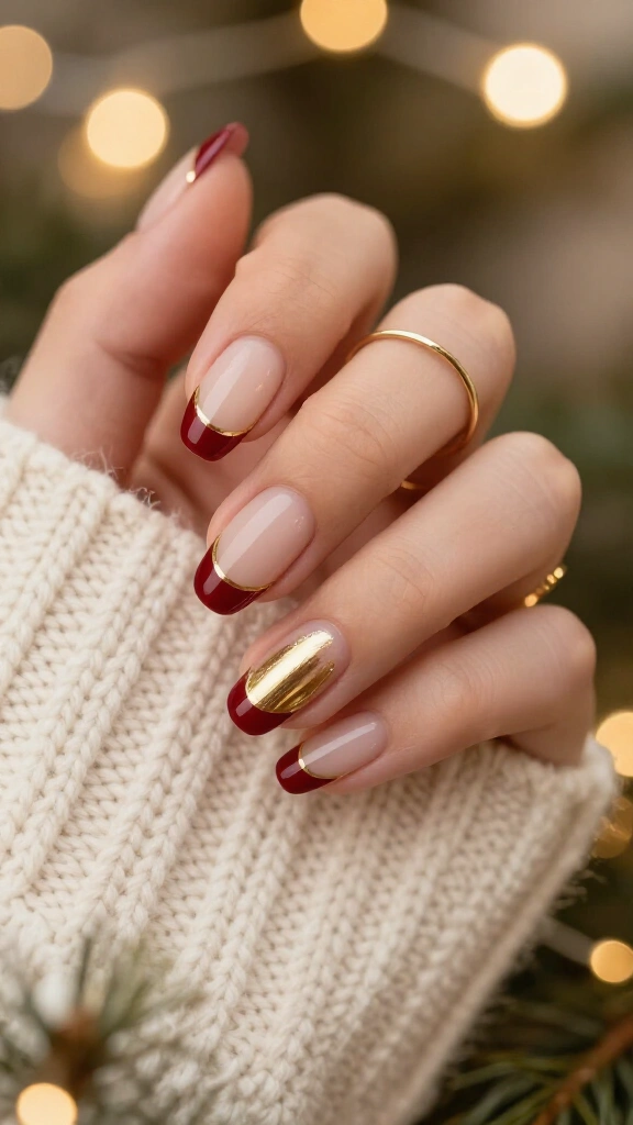 Deep Berry French Tips with Gold Chrome Lines