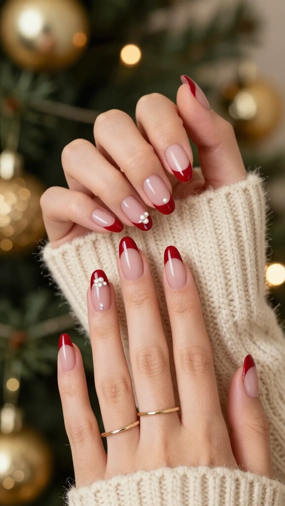 Ruby Red French with Delicate Pearls