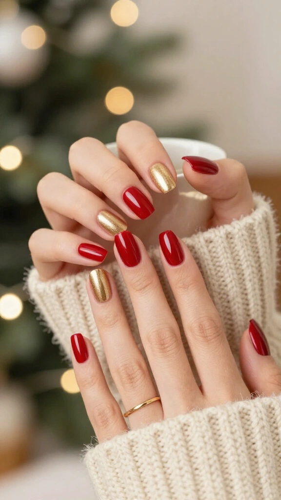 Festive Half-Moon Manicure in Cherry and Metallic Gold