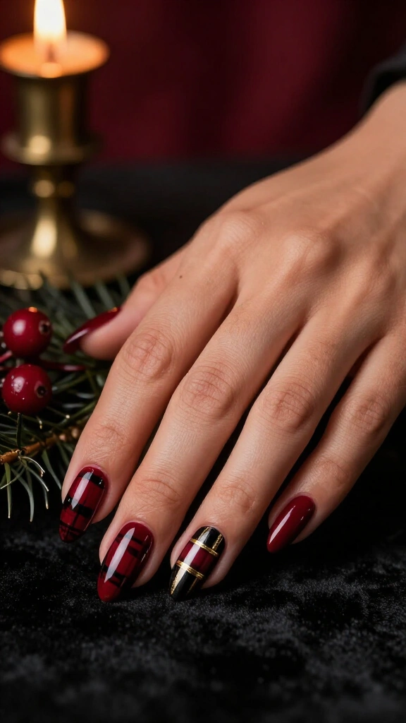 Dark red plaid nails