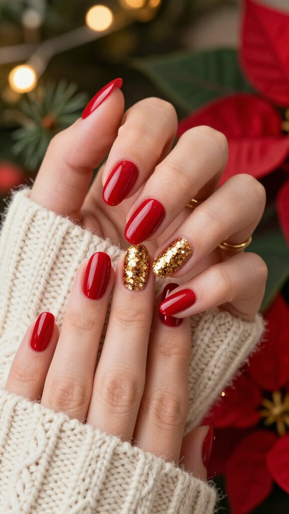 Bright Poinsettia Red with Gold Glitter Accent Nails