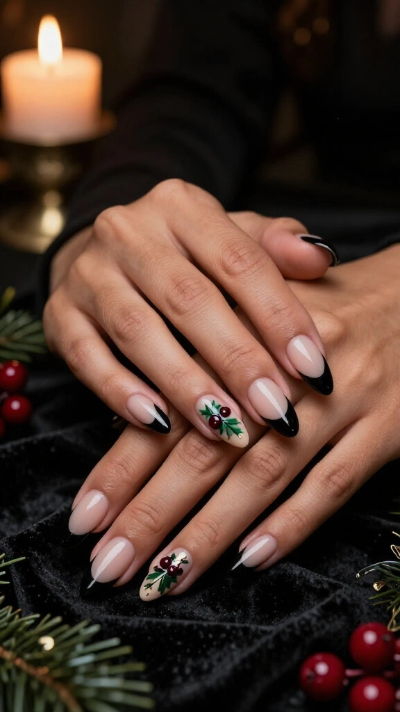 Black French tips with tiny holly