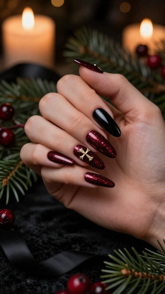 Burgundy glitter coffin nails