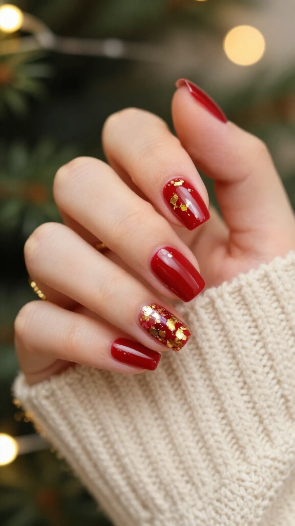 Red Jelly Polish with Chunky Gold Leaf Flakes