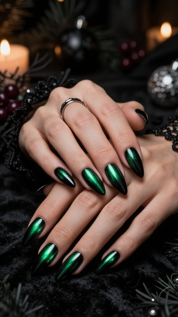 Dark green chrome nails