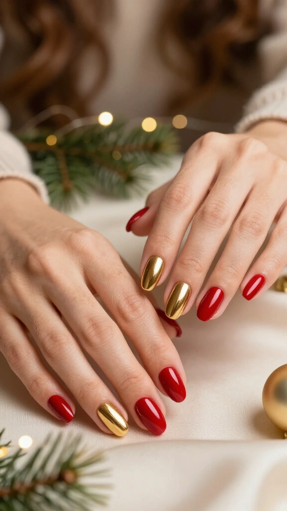 Classic Cardinal Red with Mismatched Gold Chrome Nails