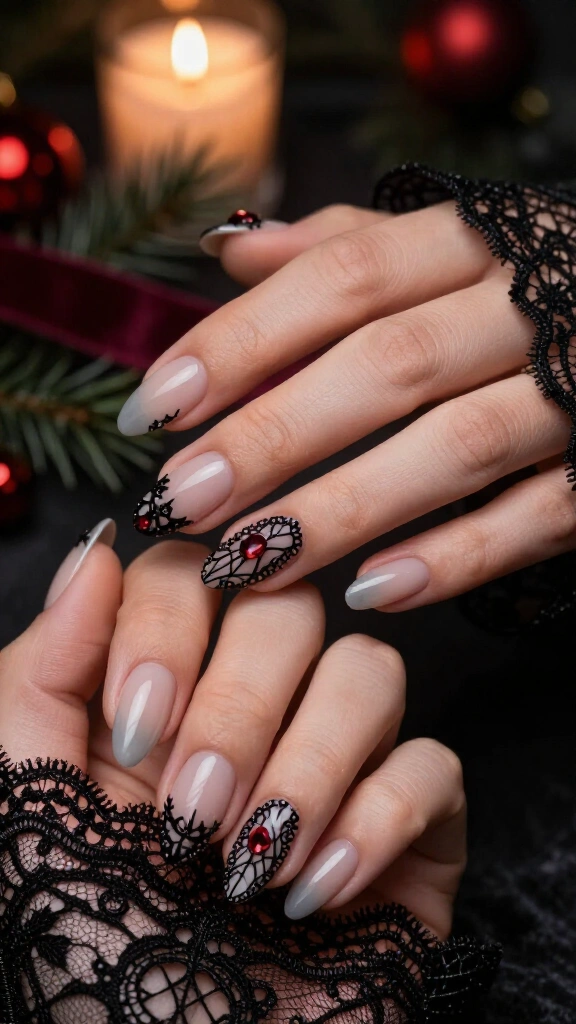 Black lace and red gem nails