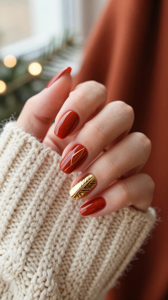 Rich Rust Red with Aztec-Inspired Gold Lines