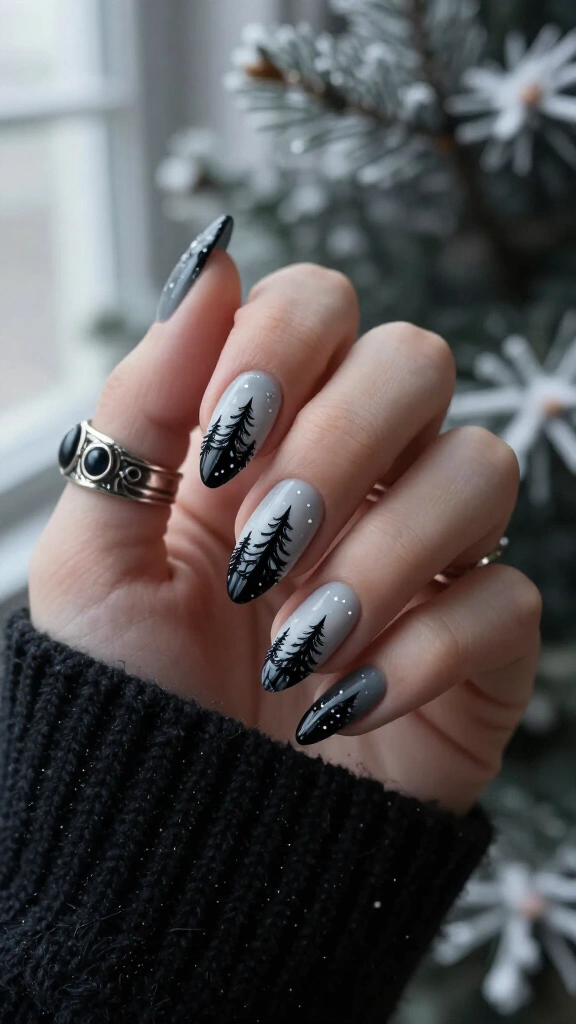 Black and white winter scene nails