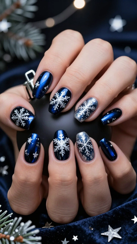Midnight blue snowflake nails