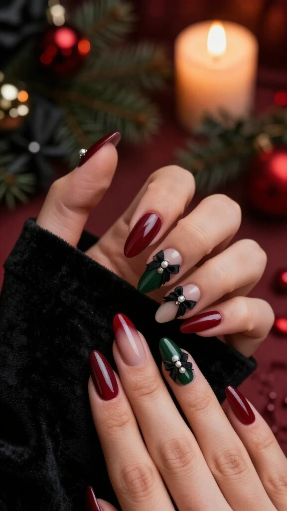 Black bow Christmas nails
