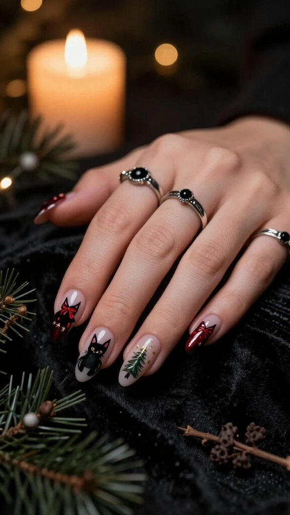 Black cat Christmas nails