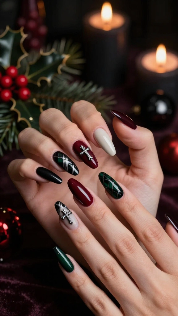 Dark tartan and cross charm nails
