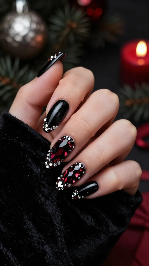 Black crystal Christmas nails