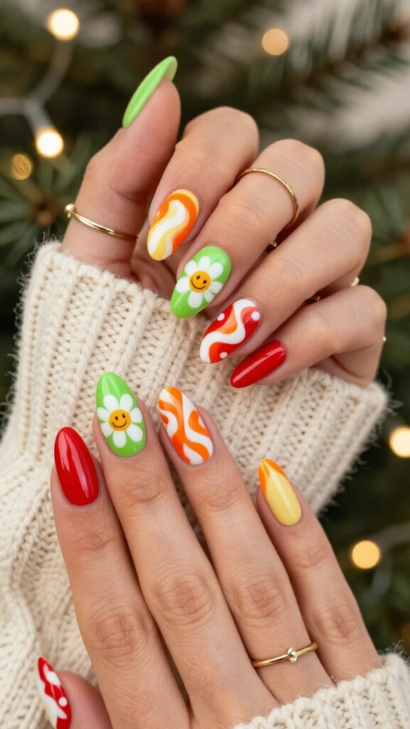 Groovy retro Christmas nails