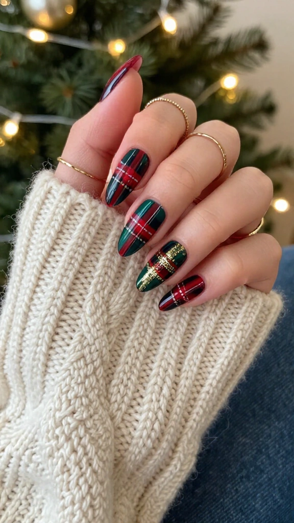 Maximalist plaid Christmas nails