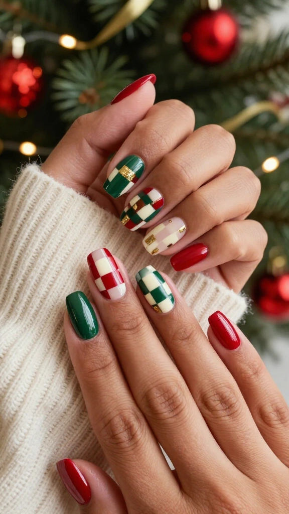 Red and green checkerboard nails
