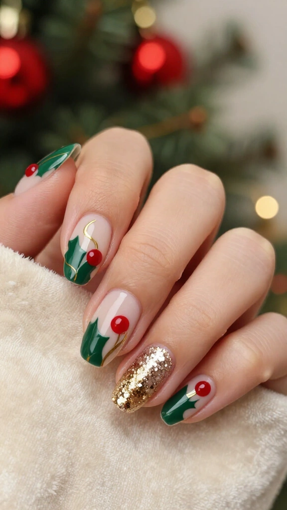 Abstract holly berry nails