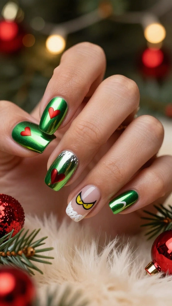 Chrome Grinch inspired nails