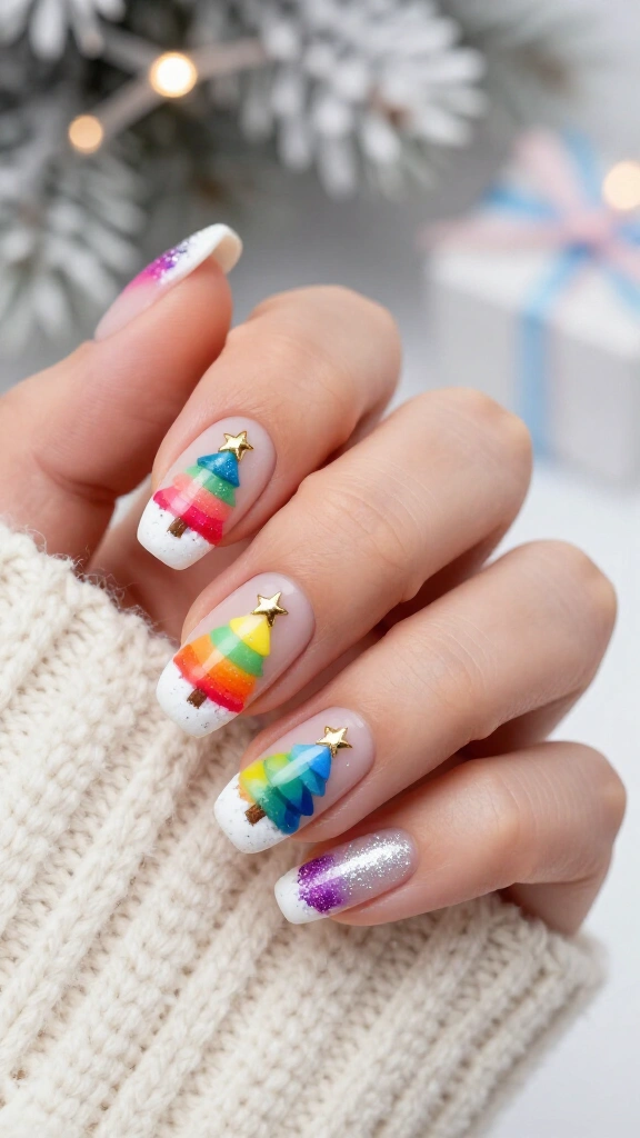 Rainbow Christmas tree nails