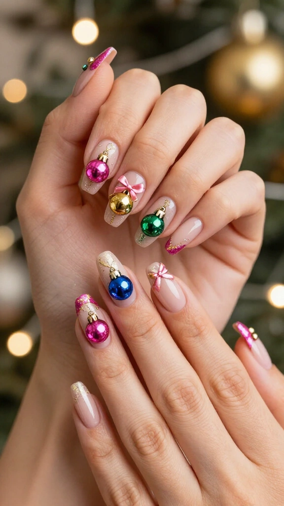 Bauble and bow nail art