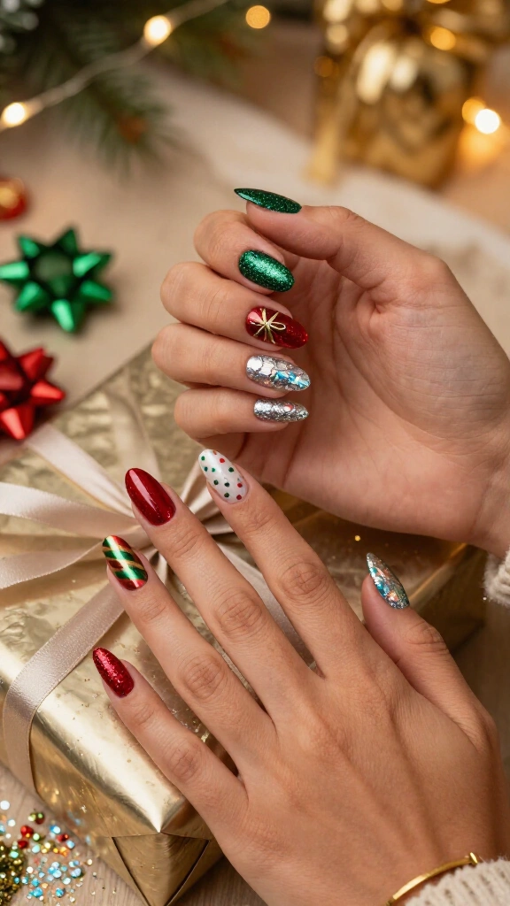 Glittery present wrap nails