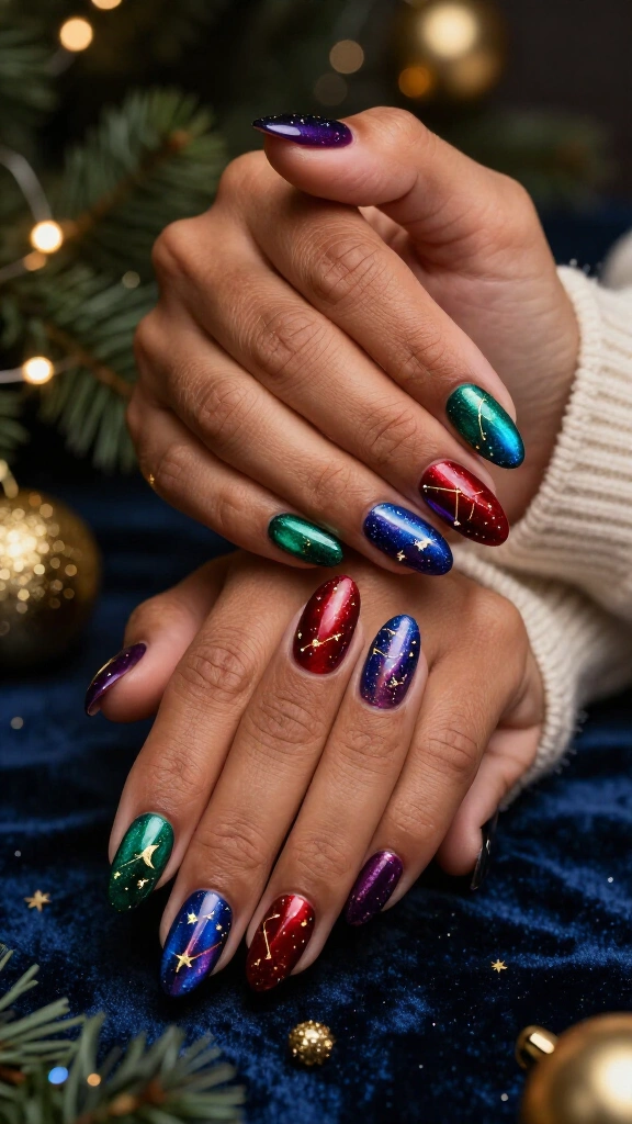 Jewel toned celestial Christmas nails