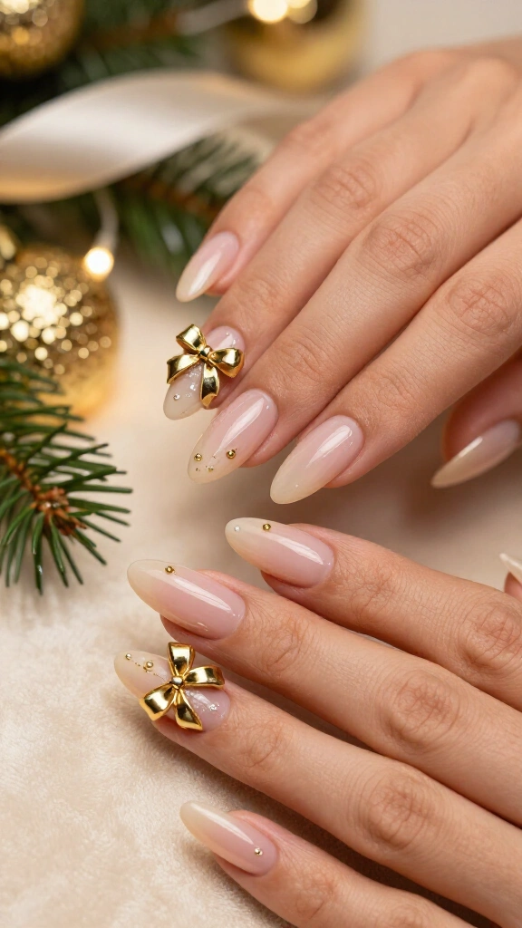 Gold bow accent nails