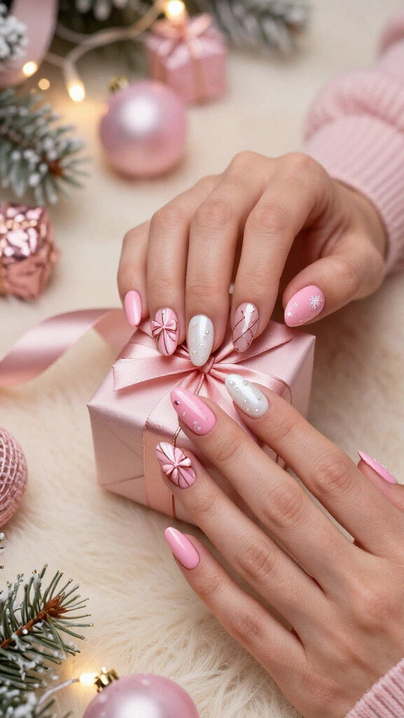 Pink Christmas present nails