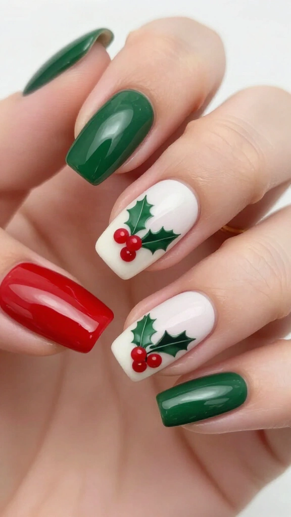 Holly berry accent nails