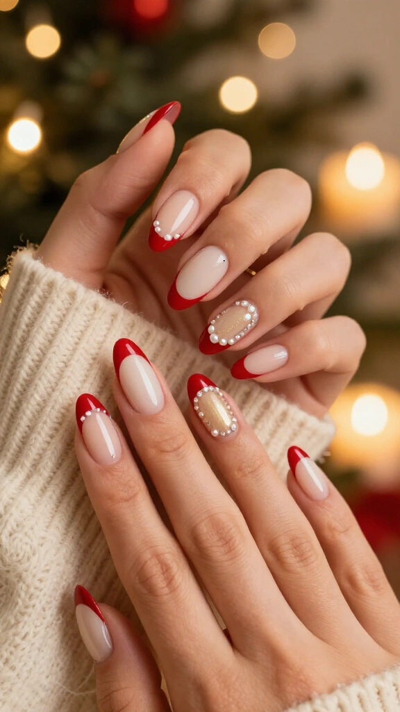 Red French tips with tiny pearls