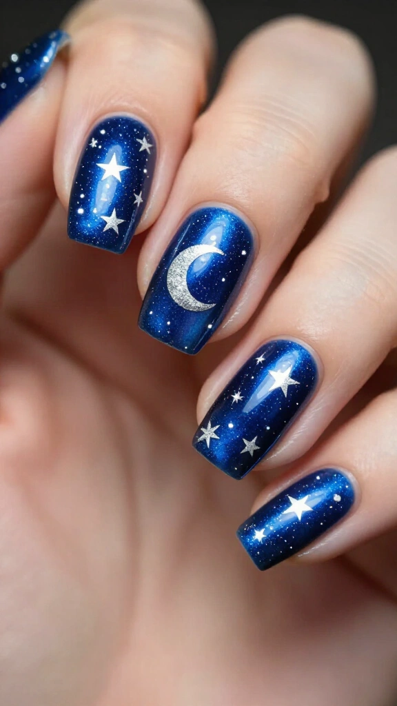 Midnight blue celestial Christmas nails