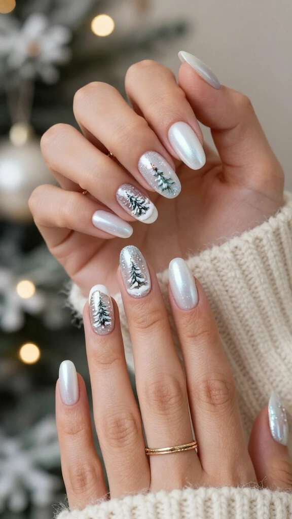 White chrome snow globe nails