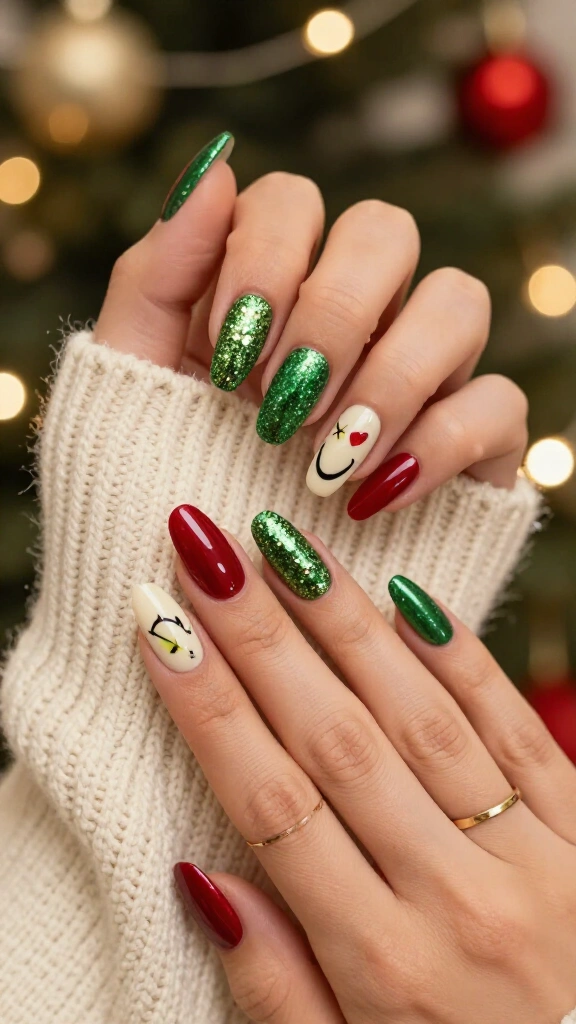 Grinch green glitter nails